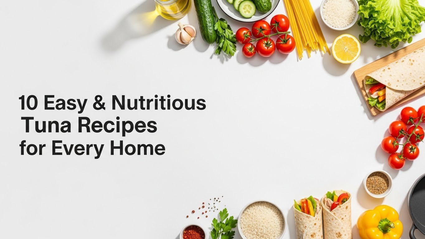 A bright, clean, modern kitchen-themed graphic designed for a food and nutrition article. Include a top-down or flat-lay arrangement of fresh ingredients such as vegetables (tomatoes, cucumbers, lettuce, bell peppers, lemon slices), cooked pasta, rice, herbs, spices, whole wheat wraps, and simple cookware. Leave a clear empty space in the layout where product images can be added manually later. Add soft, warm lighting, subtle shadows, and a natural food-blog aesthetic. Include a bold, stylish headline area that reads: “10 Easy & Nutritious Tuna Recipes for Every Home.” The overall feel should be inviting, healthy, family-friendly, and professional. Style: Minimalist, clean layout, magazine-style food composition, vibrant colors, high-resolution, no product packaging included