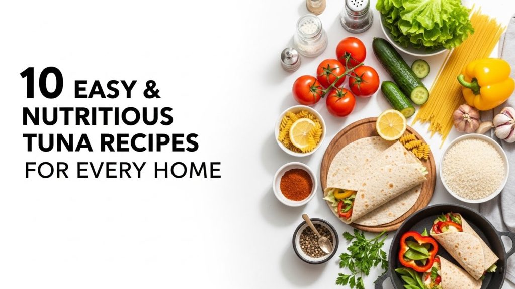 A bright, clean, modern kitchen-themed graphic designed for a food and nutrition article. Include a top-down or flat-lay arrangement of fresh ingredients such as vegetables (tomatoes, cucumbers, lettuce, bell peppers, lemon slices), cooked pasta, rice, herbs, spices, whole wheat wraps, and simple cookware. Leave a clear empty space in the layout where product images can be added manually later. Add soft, warm lighting, subtle shadows, and a natural food-blog aesthetic. Include a bold, stylish headline area that reads: “10 Easy & Nutritious Tuna Recipes for Every Home.” The overall feel should be inviting, healthy, family-friendly, and professional. Style: Minimalist, clean layout, magazine-style food composition, vibrant colors, high-resolution, no product packaging included.